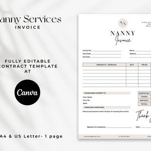 May include: A printable Nanny Services invoice template in black and white with a light brown accent colour. The template includes fields for invoice number, issue date, due date, bill to, address, product/service, quantity, price, total, subtotal, taxes, deposit, total, please make payment to, account name, account number, bank, terms and conditions, signature of acceptance, date, email address, phone number, and website address. The template is fully editable at Canva.