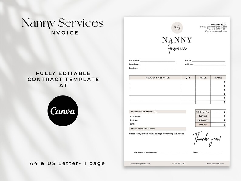 May include: A printable Nanny Services invoice template in black and white with a light brown accent colour. The template includes fields for invoice number, issue date, due date, bill to, address, product/service, quantity, price, total, subtotal, taxes, deposit, total, please make payment to, account name, account number, bank, terms and conditions, signature of acceptance, date, email address, phone number, and website address. The template is fully editable at Canva.