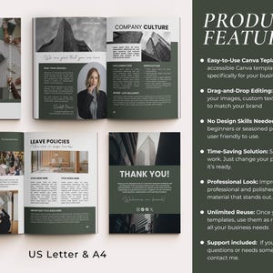 May include: A mockup of a new employee welcome book and other business documents. The documents have a dark green and white color scheme. The text includes "New Employee Welcome Book", "Company Culture", and "Thank You!"