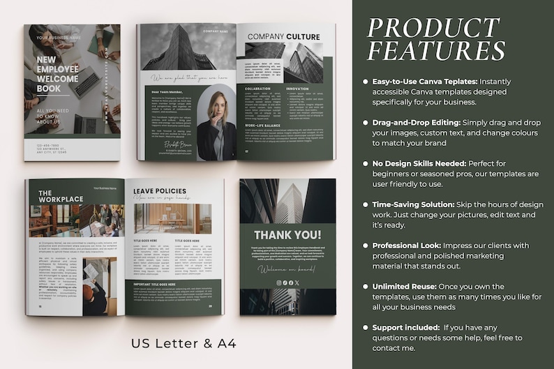 May include: A mockup of a new employee welcome book and other business documents. The documents have a dark green and white color scheme. The text includes "New Employee Welcome Book", "Company Culture", and "Thank You!"