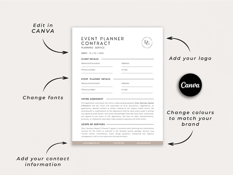 May include: A white Event Planner Contract template with black text, editable in Canva. Includes sections for client and event planner details, entire agreement, and scope of services. Features arrows indicating customization options like adding a logo, changing colors, and fonts.