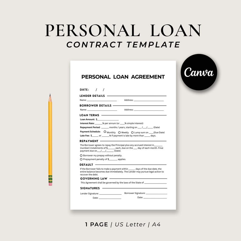 One Page Personal Loan Agreement, Editable Loan Contract Template Canva ...