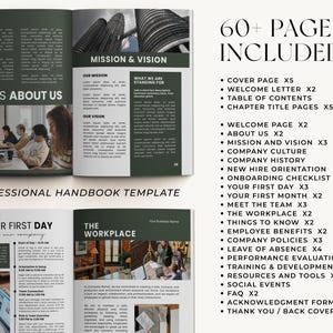 May include: A professional handbook template with a dark green and white design. The open book displays text and images, including "That's About Us," "Mission & Vision," and "Your First Day." The image also lists 60+ pages included.