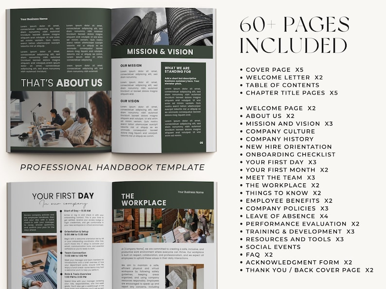 May include: A professional handbook template with a dark green and white design. The open book displays text and images, including "That's About Us," "Mission & Vision," and "Your First Day." The image also lists 60+ pages included.