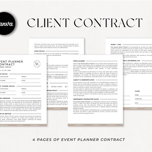 May include: A digital event planner contract template with four pages. The text includes "Client Contract" and "Event Planner Contract Planning Service". The Canva logo is in the upper left corner. The bottom of the image reads "4 pages of event planner contract".