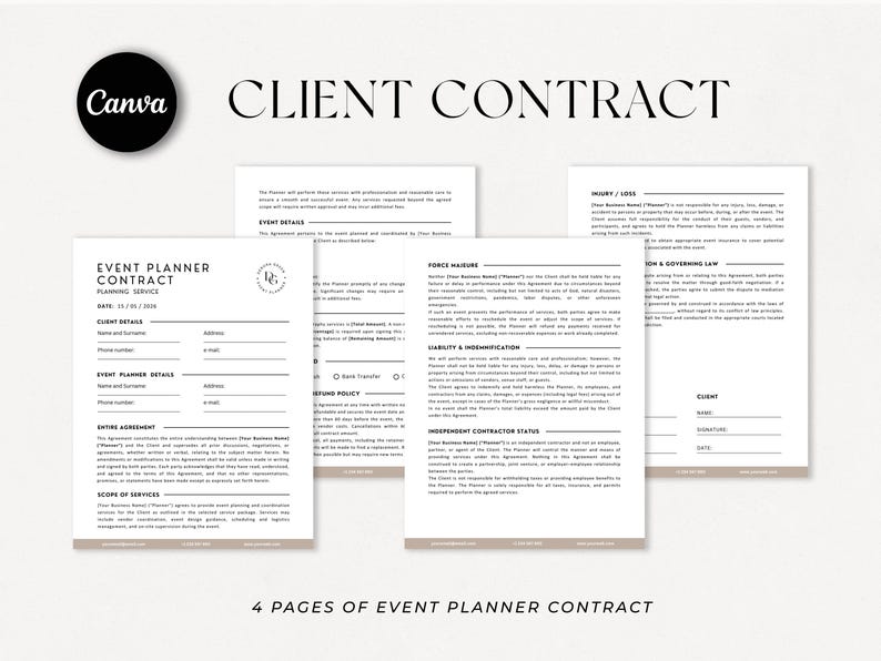 May include: A digital event planner contract template with four pages. The text includes "Client Contract" and "Event Planner Contract Planning Service". The Canva logo is in the upper left corner. The bottom of the image reads "4 pages of event planner contract".