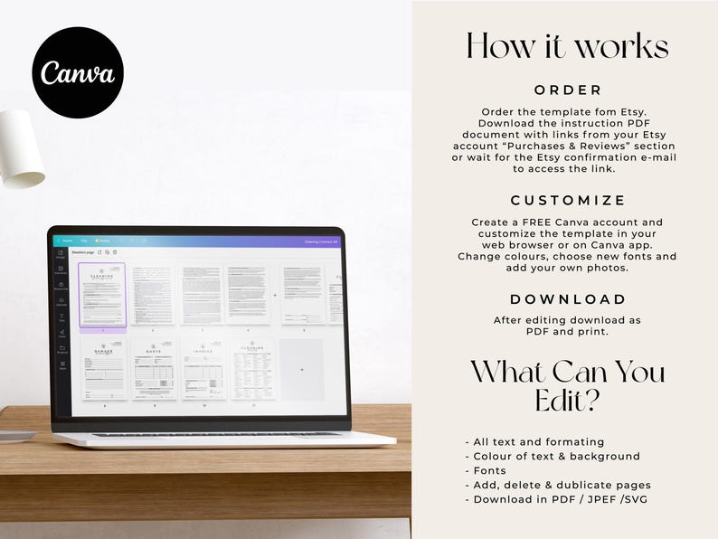 May include: A laptop displaying a Canva template on a wooden desk. The screen shows a document with several pages. Text on the right side explains how to order, customize, and download the template. A Canva logo is in the upper left.