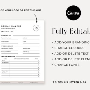 Pode incluir: Um modelo de contrato de servi&ccedil;o de maquiagem de noiva imprim&iacute;vel com um design em preto e branco. O modelo inclui se&ccedil;&otilde;es para os detalhes do cliente, os detalhes do casamento, os servi&ccedil;os e os pre&ccedil;os, e as informa&ccedil;&otilde;es de contato. O texto "Totalmente edit&aacute;vel" &eacute; exibido em texto preto sobre um fundo branco.