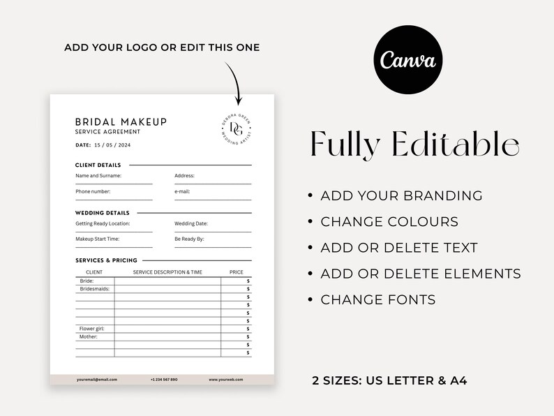 Pode incluir: Um modelo de contrato de servi&ccedil;o de maquiagem de noiva imprim&iacute;vel com um design em preto e branco. O modelo inclui se&ccedil;&otilde;es para os detalhes do cliente, os detalhes do casamento, os servi&ccedil;os e os pre&ccedil;os, e as informa&ccedil;&otilde;es de contato. O texto "Totalmente edit&aacute;vel" &eacute; exibido em texto preto sobre um fundo branco.