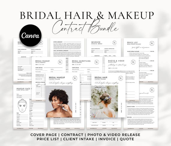Bridal Makeup Artist & Hair Contract Bundle, Wedding Hairdresser Forms, Bridal Hairstyling Service Agreement, Canva