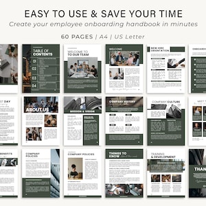 May include: A digital employee onboarding handbook template with a dark green and white design. The handbook includes sections for new employee welcome, company policies, and training. The text reads "EASY TO USE & SAVE YOUR TIME" and "60 PAGES | A4 | US Letter."