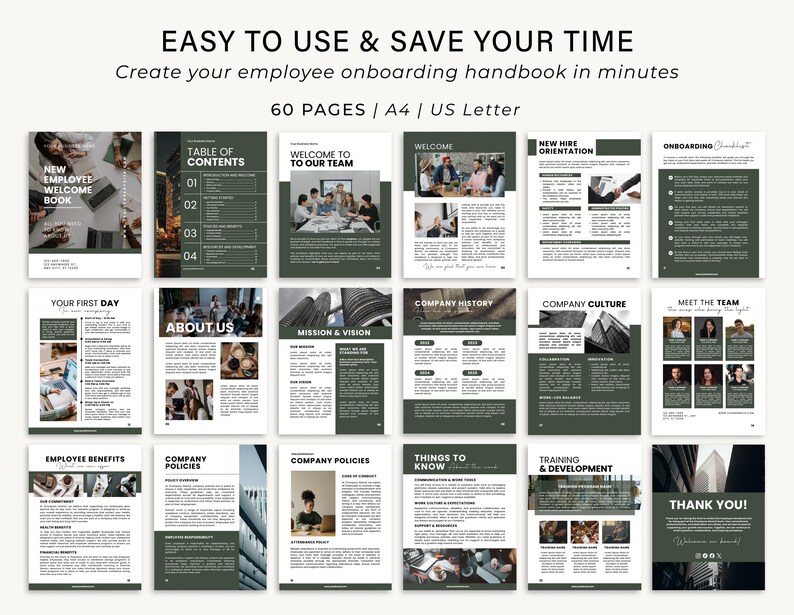 May include: A digital employee onboarding handbook template with a dark green and white design. The handbook includes sections for new employee welcome, company policies, and training. The text reads "EASY TO USE & SAVE YOUR TIME" and "60 PAGES | A4 | US Letter."