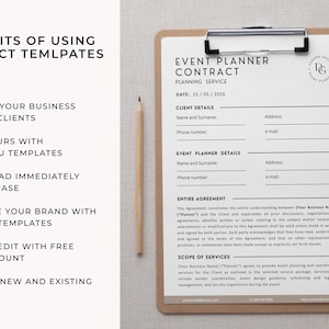 May include: A clipboard with an event planner contract template. The contract includes sections for client and event planner details, an entire agreement section, and a scope of services. A pencil rests beside the clipboard.