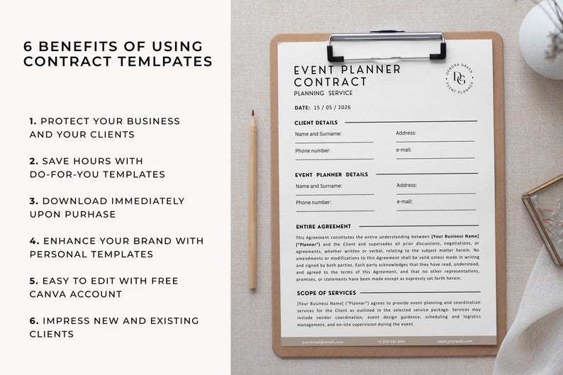 May include: A clipboard with an event planner contract template. The contract includes sections for client and event planner details, an entire agreement section, and a scope of services. A pencil rests beside the clipboard.