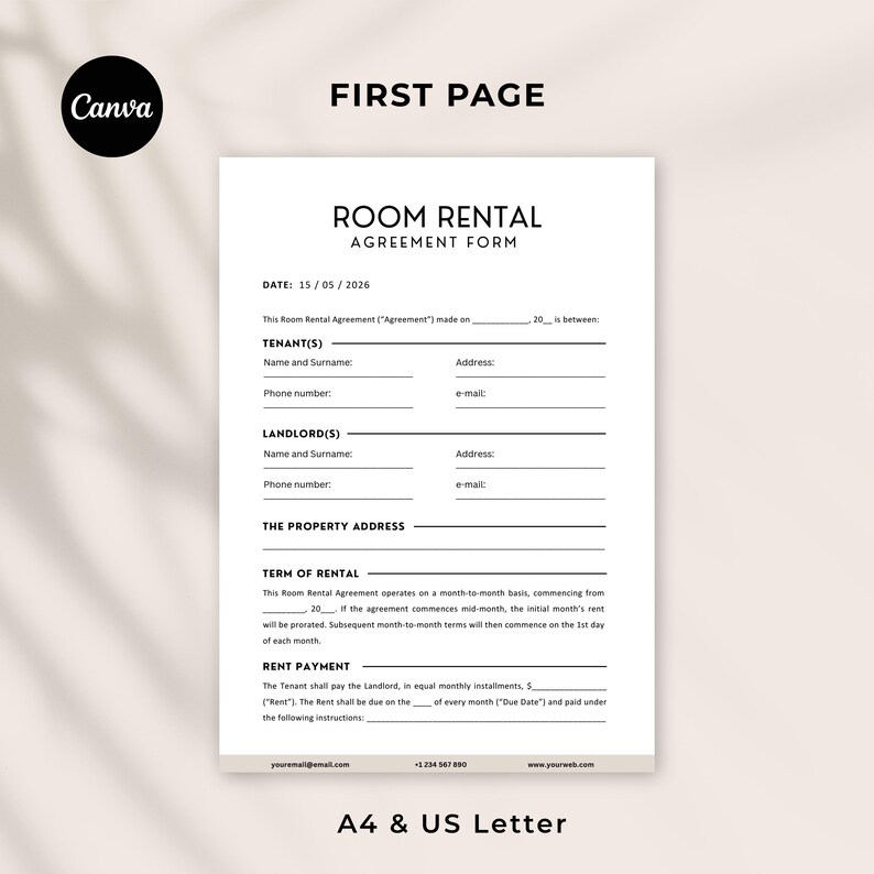 Room Renting Paper Room Rental Agreement Template, Editable Room Tenancy Agreement ...