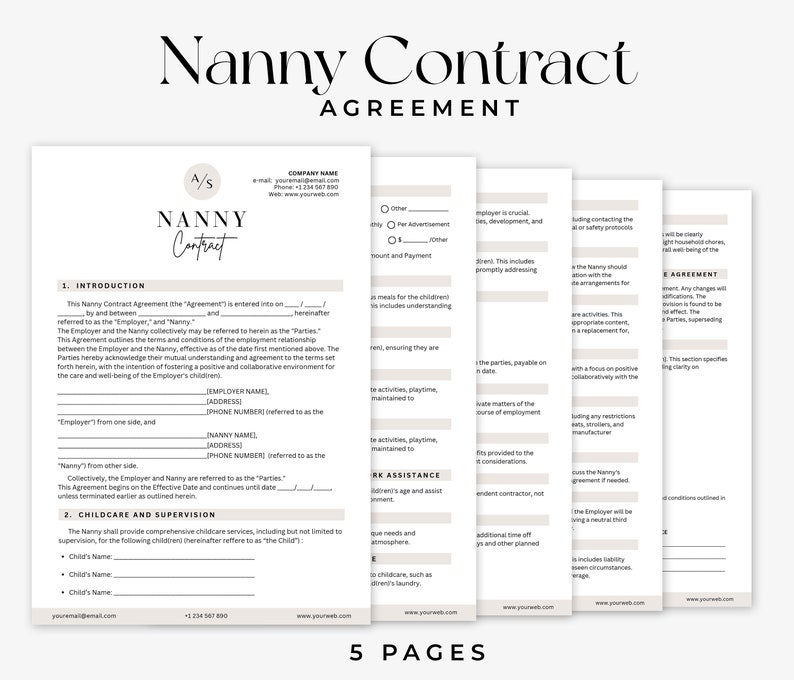 May include: A five-page printable Nanny Contract Agreement template with a minimalist design. The document includes sections for introduction, childcare and supervision, work assistance, and more.