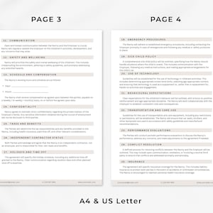 May include: A printable document with a beige background and black text. The document is divided into two pages, labelled "Page 3" and "Page 4". The document outlines a contract for a nanny, covering topics such as communication, safety, scheduling, compensation, confidentiality, taxes and benefits, independent contractor status, holidays and time off, emergency procedures, sick child policy, use of technology, behavioural expectations, transportation and care use, performance evaluations, conflict resolution, and insurance.