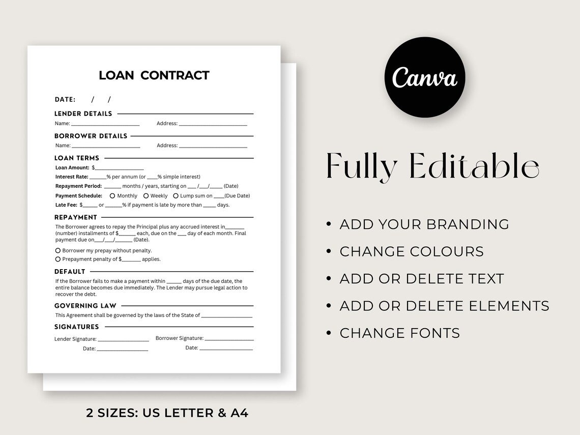 Printable Personal Loan Contract, Editable Loan Agreement Template ...