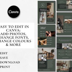 Puede incluir: Una plantilla de cat&aacute;logo de productos para Canva con un fondo verde y el texto "Cat&aacute;logo de productos". La plantilla incluye una tabla de contenido, una secci&oacute;n para productos de tendencia y una secci&oacute;n para descripciones de productos.