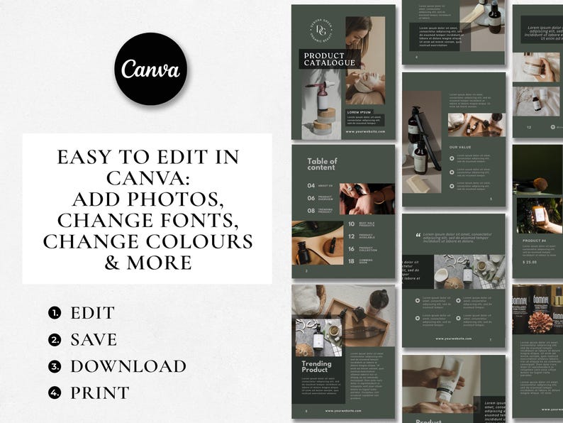 Puede incluir: Una plantilla de cat&aacute;logo de productos para Canva con un fondo verde y el texto "Cat&aacute;logo de productos". La plantilla incluye una tabla de contenido, una secci&oacute;n para productos de tendencia y una secci&oacute;n para descripciones de productos.