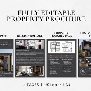 May include: A four-page black and white property brochure with a modern house design. The cover page features a photo of the house with the text "Charming House in San Francisco" and "25th Ave, San Francisco". The description page includes a neighborhood description and house description. The property features page includes floor plans and a list of interior and exterior features. The photo and contact page features a photo of the house and contact information.