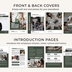 May include: A collection of employee handbook templates with front and back covers and introduction pages. The covers feature photos and text, including "New Employee Handbook" and "Welcome Package." The introduction pages cover mission, vision, and company culture.