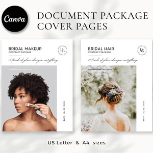 Pode incluir: Dois modelos de documentos brancos com texto preto. O modelo da esquerda &eacute; para um pacote de contrato de maquiagem de noiva e apresenta uma foto de uma mulher se maquiando. O modelo da direita &eacute; para um pacote de contrato de cabelo de noiva e apresenta uma foto de uma mulher com o cabelo penteado. Ambos os modelos incluem o texto "Um toque de glamour muda tudo".