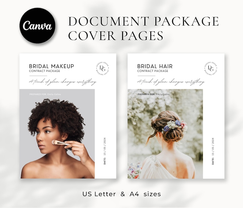 Pode incluir: Dois modelos de documentos brancos com texto preto. O modelo da esquerda &eacute; para um pacote de contrato de maquiagem de noiva e apresenta uma foto de uma mulher se maquiando. O modelo da direita &eacute; para um pacote de contrato de cabelo de noiva e apresenta uma foto de uma mulher com o cabelo penteado. Ambos os modelos incluem o texto "Um toque de glamour muda tudo".
