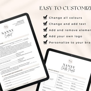 May include: A black and white digital template for a nanny contract. The template includes sections for introduction, childcare and supervision, and child's details. The template is customisable and can be edited to include a company logo, colours, and text.