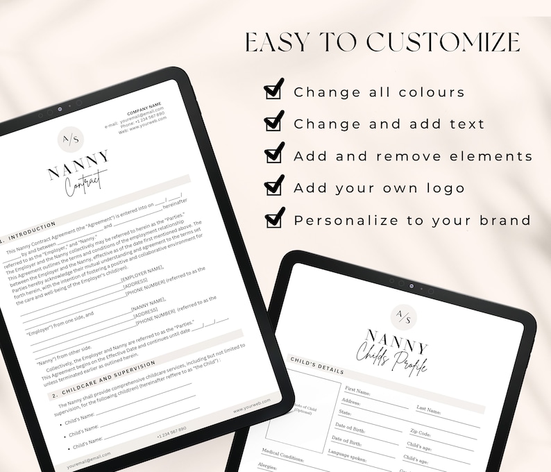 May include: A black and white digital template for a nanny contract. The template includes sections for introduction, childcare and supervision, and child's details. The template is customisable and can be edited to include a company logo, colours, and text.