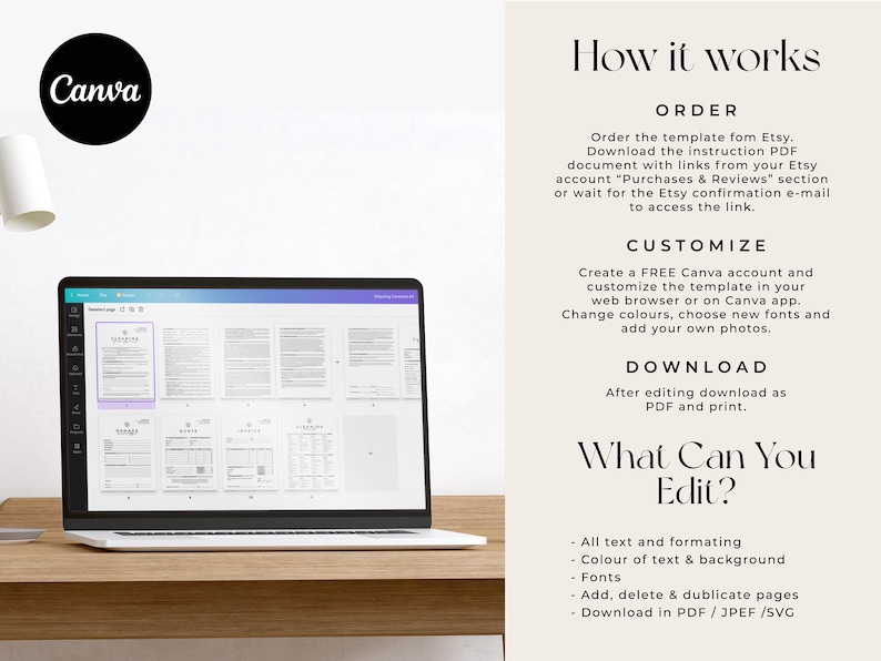 May include: A laptop screen displaying a Canva document with multiple pages. The document is titled "Spreadsheet Page". The text on the right side of the image reads "How it works", "Order", "Customize", "Download", and "What Can You Edit?" The text lists the features that can be edited in the Canva document, including text, formatting, colours, fonts, and pages.