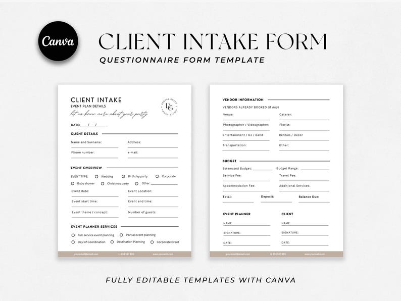 May include: Two-page client intake form template with the Canva logo. The form includes sections for client details, event overview, vendor information, and budget. The text "Client Intake Form" is displayed prominently.