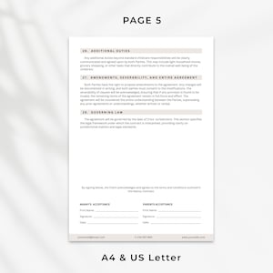 May include: A black and white document with the title "Page 5" and headings for "Additional Duties", "Amendments, Severability, and Entire Agreement", and "Governing Law". The document includes a section for "Nanny's Acceptance" and "Parents Acceptance" with fields for print name, signature, and date.