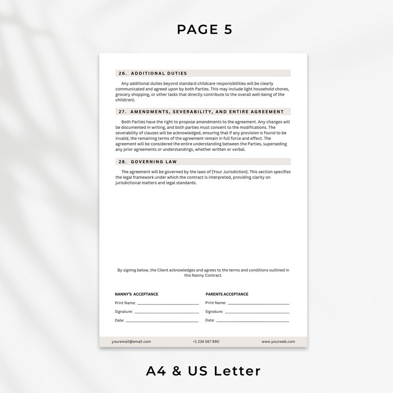 May include: A black and white document with the title "Page 5" and headings for "Additional Duties", "Amendments, Severability, and Entire Agreement", and "Governing Law". The document includes a section for "Nanny's Acceptance" and "Parents Acceptance" with fields for print name, signature, and date.