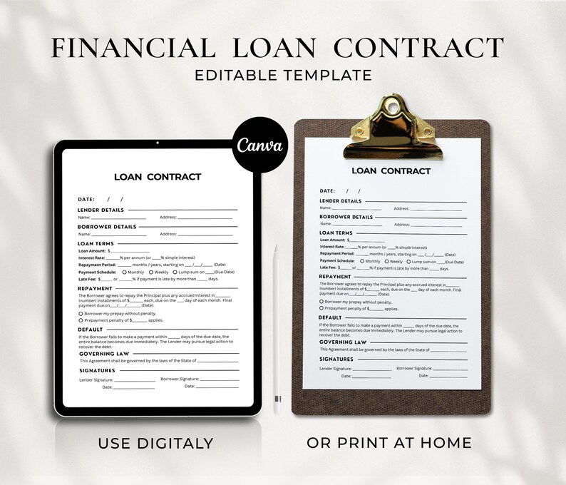 Printable Personal Loan Contract, Editable Loan Agreement Template ...