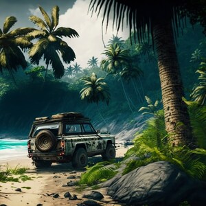 Vacaciones de aventura 4x4 en una playa tropical arte digital