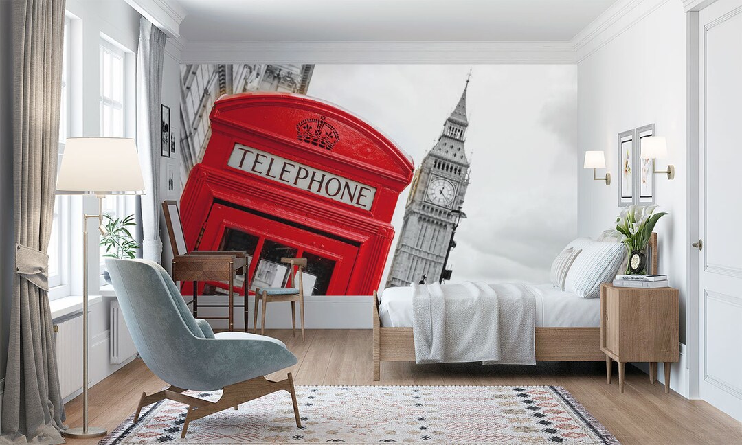 London Red Telephone Box Wallpaper Mural Custom Made Wallpaper for Any