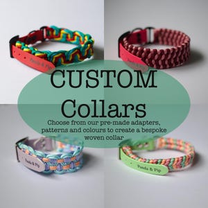 Pode incluir: Quatro coleiras para cães tecidas sob medida em diferentes cores e padrões. As coleiras são feitas com uma variedade de cores, incluindo vermelho, rosa, verde, azul, amarelo e laranja. Todas as coleiras são etiquetadas com o texto "Panda & Pip".