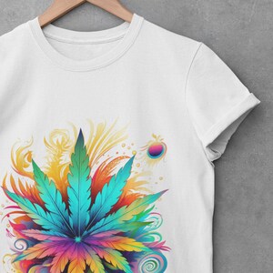 May include: White t-shirt with a colorful graphic of a marijuana leaf surrounded by swirls and abstract designs.