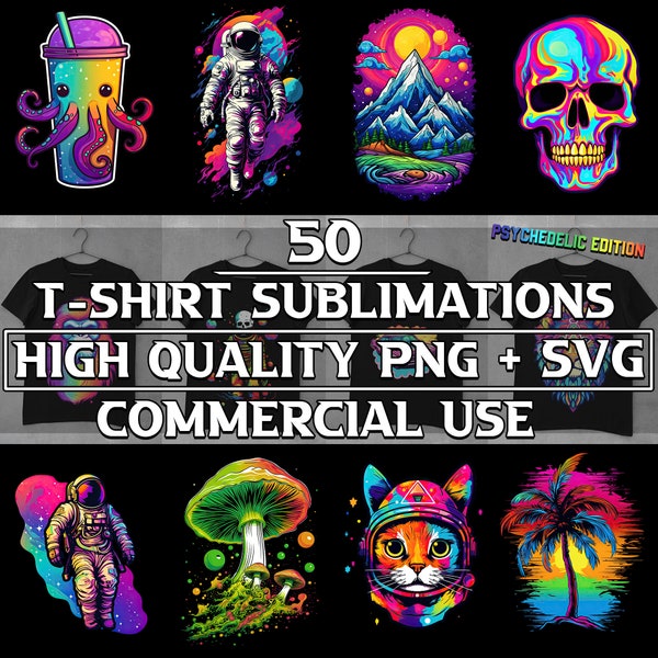 Psychedelic T Shirt Sublimation Bundle For Men, Woman and Kids, Vibrant and Colorful Designs Instant Download PNG + SVG Files for Printing