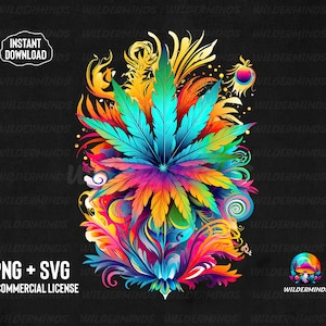 May include: A colorful psychedelic cannabis leaf design with swirls and abstract shapes in shades of blue, green, yellow, orange, pink, and red against a black background.