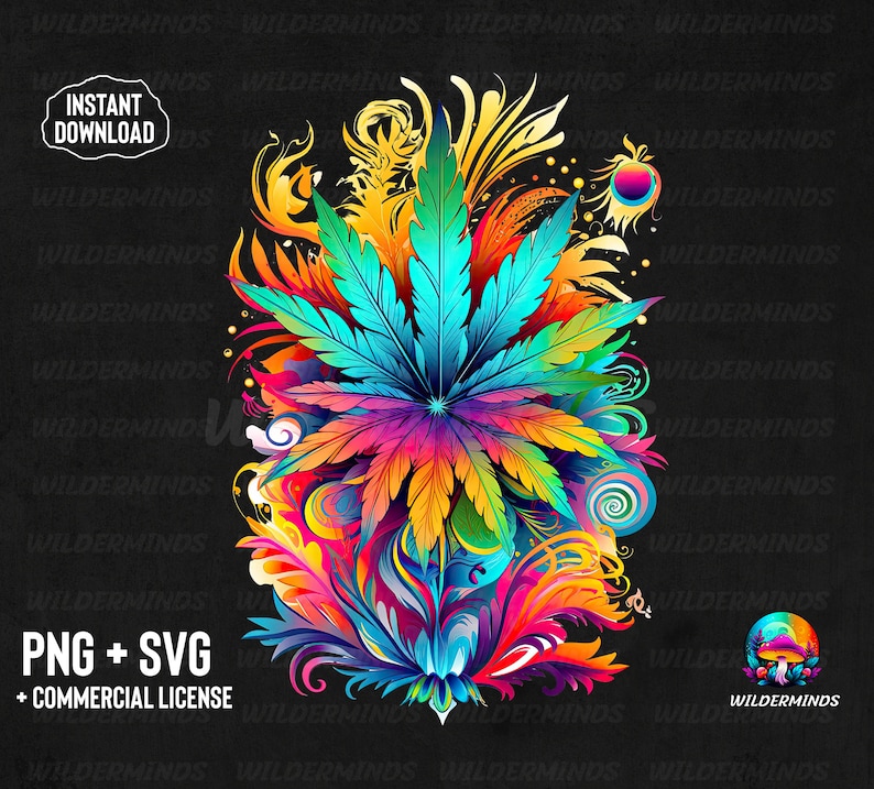 May include: A colorful psychedelic cannabis leaf design with swirls and abstract shapes in shades of blue, green, yellow, orange, pink, and red against a black background.