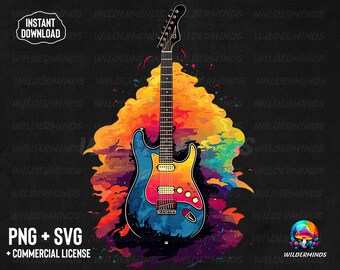 Diseño de camiseta de guitarra espacial: Impresión digital PNG/SVG (uso comercial)