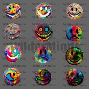 15 Psychedelic Smiley Face Sticker Bundle, Digital Download, PNG ...
