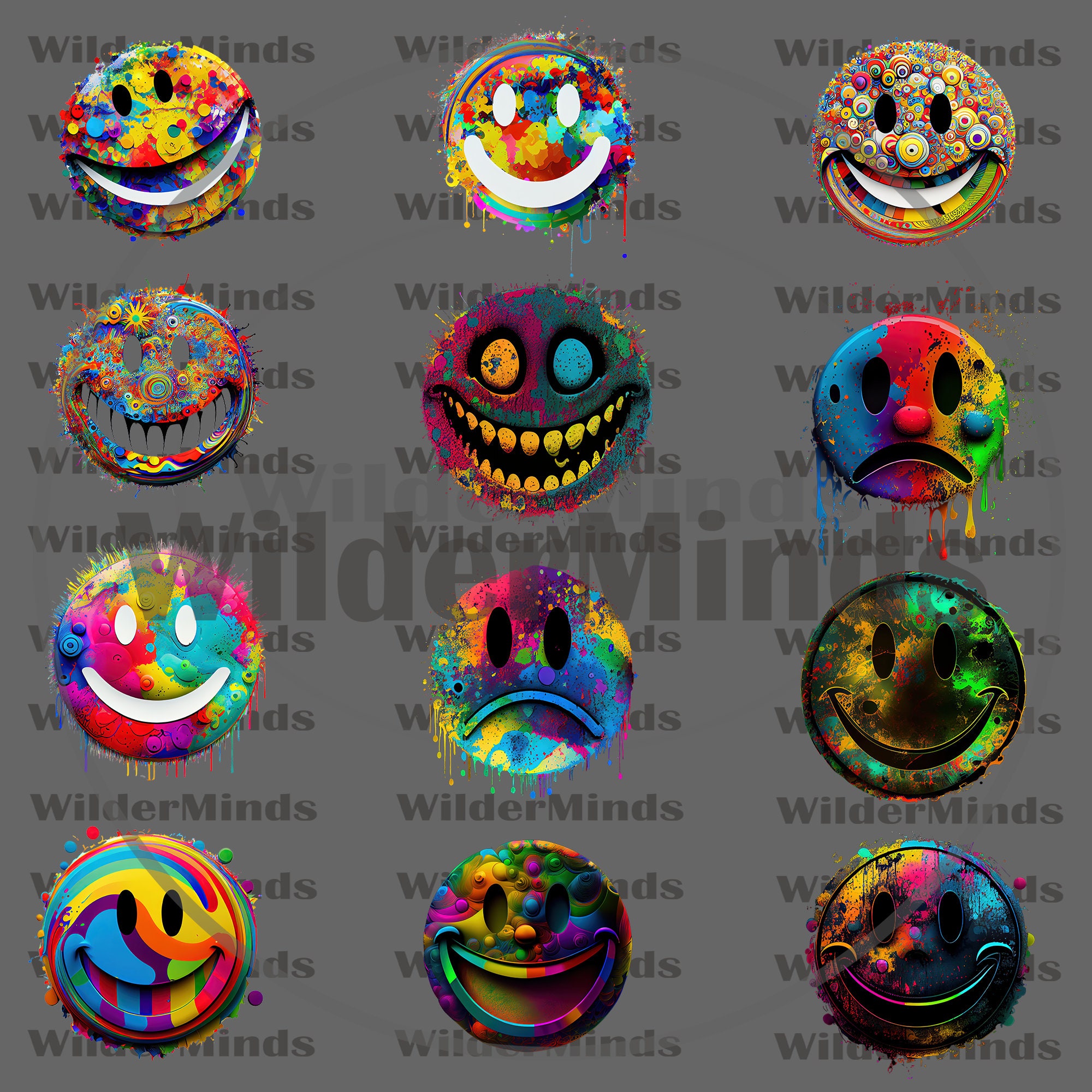 15 Psychedelic Smiley Face Sticker Bundle, Digital Download, PNG ...