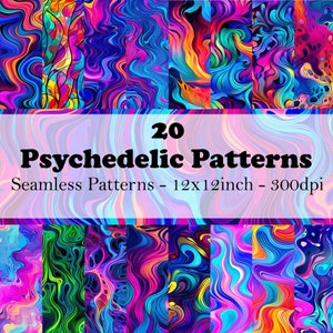 Peut inclure: 20 motifs psychédéliques, designs numériques sans couture aux couleurs vives, chacun mesurant 12x12 pouces à 300 dpi.