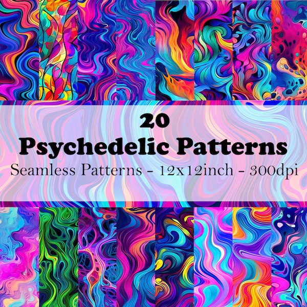 Psychedelic Seamless Patterns - 20 Designs - 12x12 inch - commercial use - Colorful Pattern Sublimation Design, Trippy Sublimation - Bundle