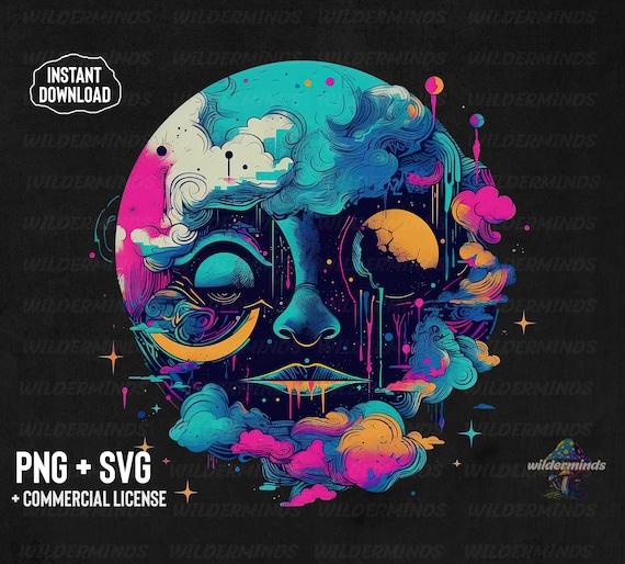 Celestial Moon PNG SVG: Trippy Hippie Design (Digital Download)
