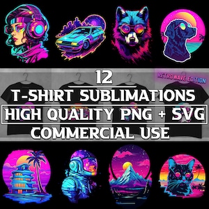Puede incluir: 12 diseños de sublimación de camisetas con temática retro wave. Los diseños presentan una variedad de temas, incluyendo una mujer con auriculares, un lobo, un perro, un coche, un astronauta, una montaña, un gato y un edificio. Los diseños están en un estilo retro wave con colores brillantes y formas geométricas. Archivos PNG y SVG de alta calidad para uso comercial.