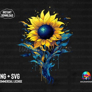 K&ouml;nnte beinhalten: Eine gelbe Sonnenblume mit blauen und gelben Farbstichen auf schwarzem Hintergrund. Die Sonnenblume tropft mit blauer Farbe. Der Text "PNG + SVG + KOMMERZIELLE LIZENZ" befindet sich am unteren Rand des Bildes.
